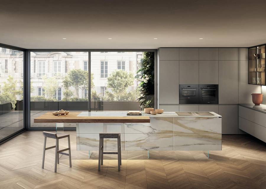 Cucina ad isola con top in legno a sbalzo Lago
