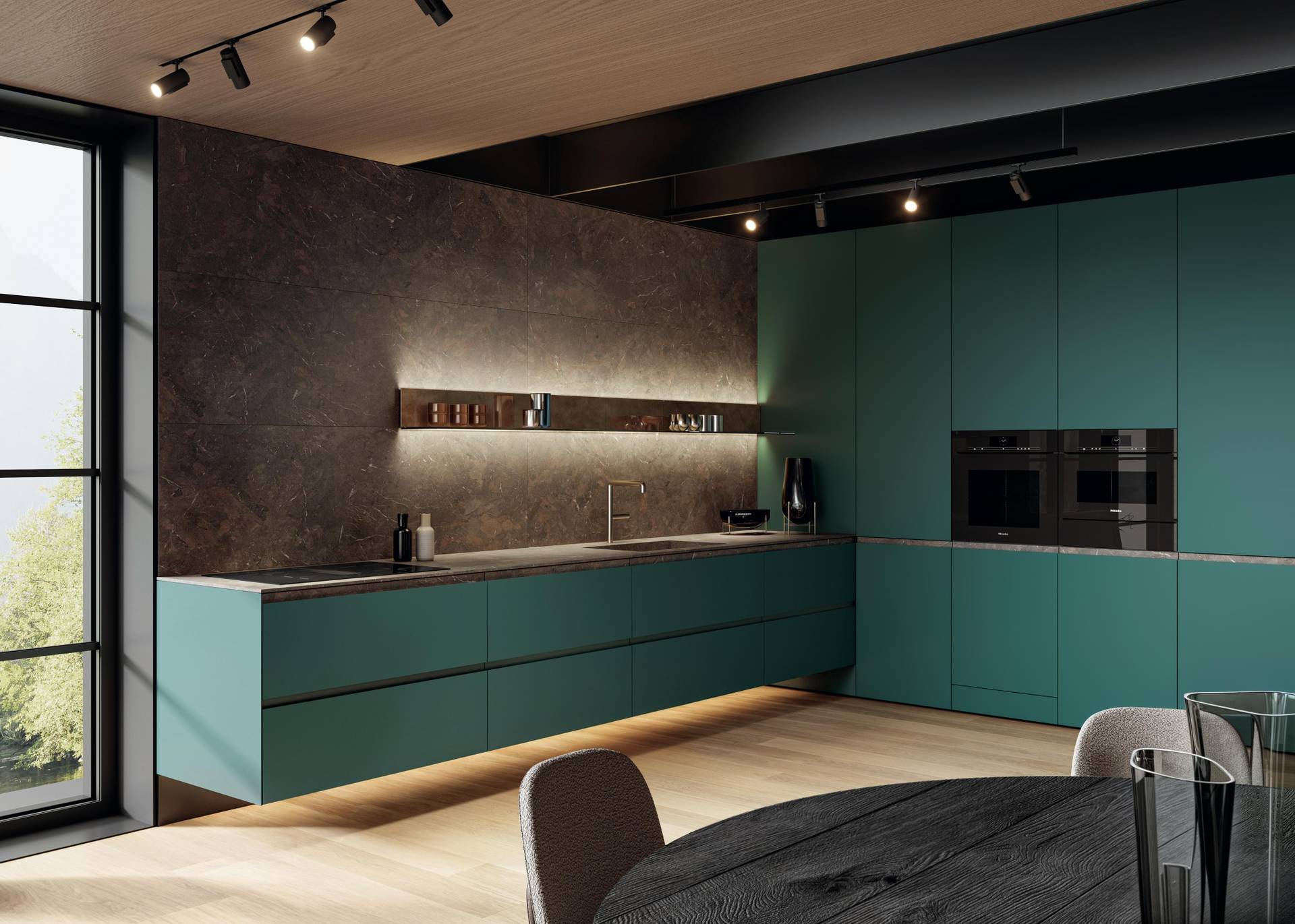Cucina angolare sospesa verde con maniglia a gola Lago
