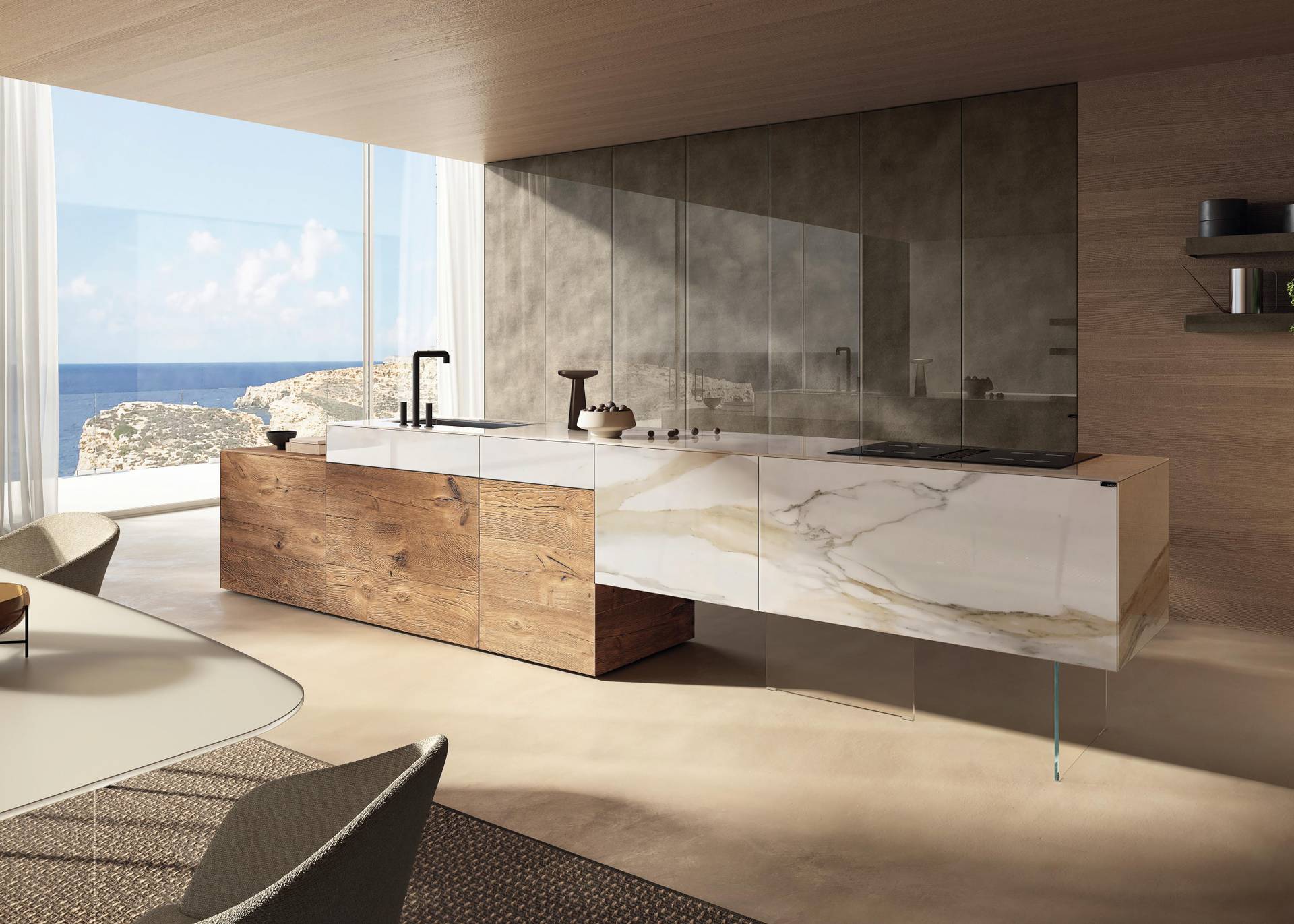 Cucina di design con isola in legno e vetro 36e8 Lago