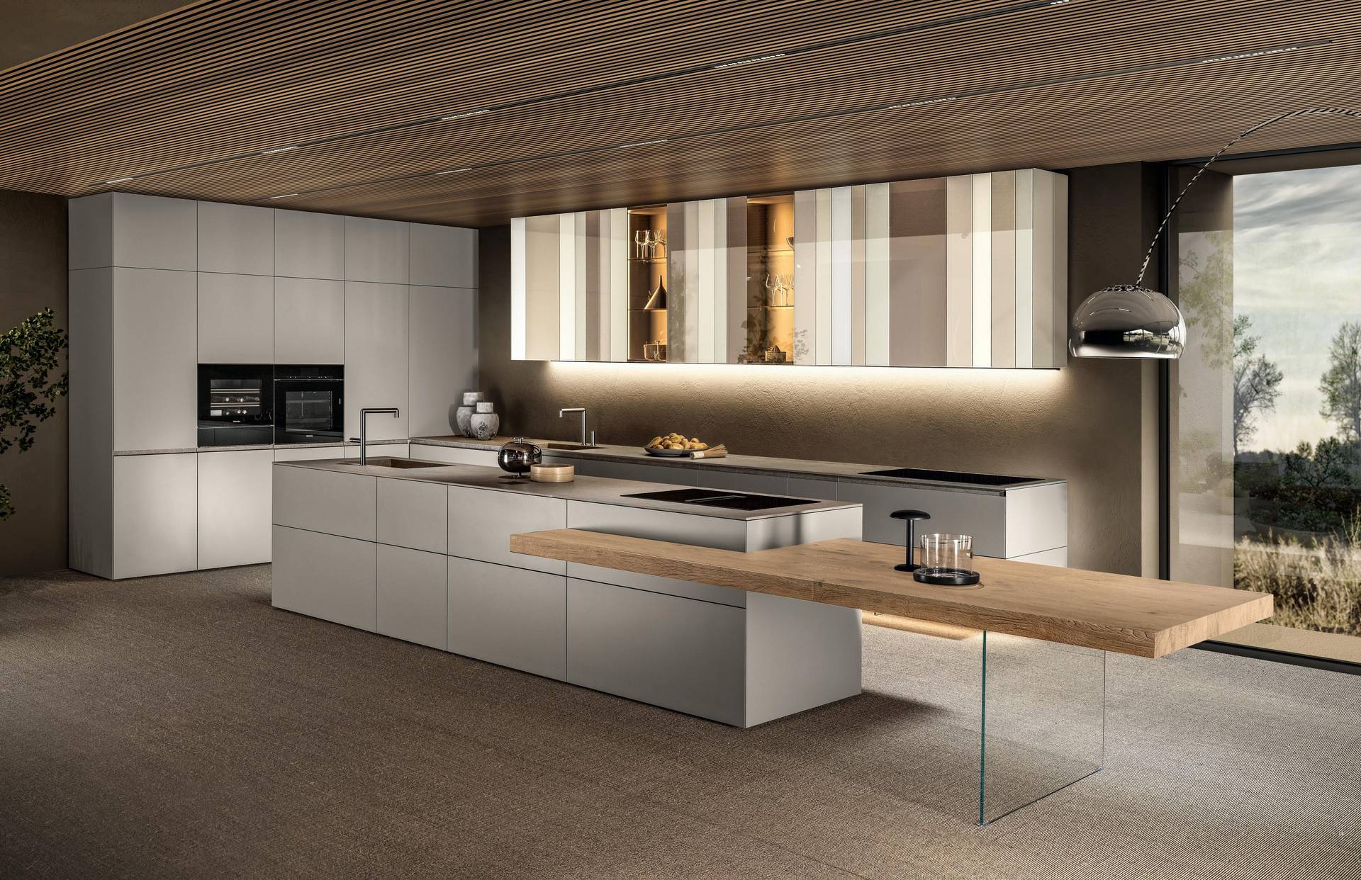 Cucina moderna con isola con pensili colorati N.O.W Lago