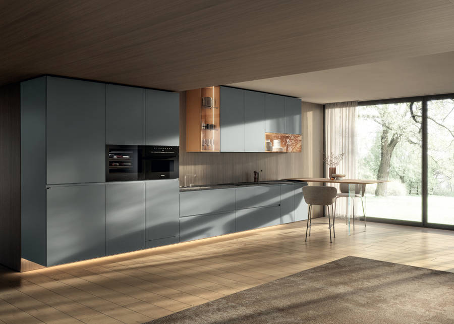 Cucina sospesa a parete con penisola sagomata in legno 36e8 Lago