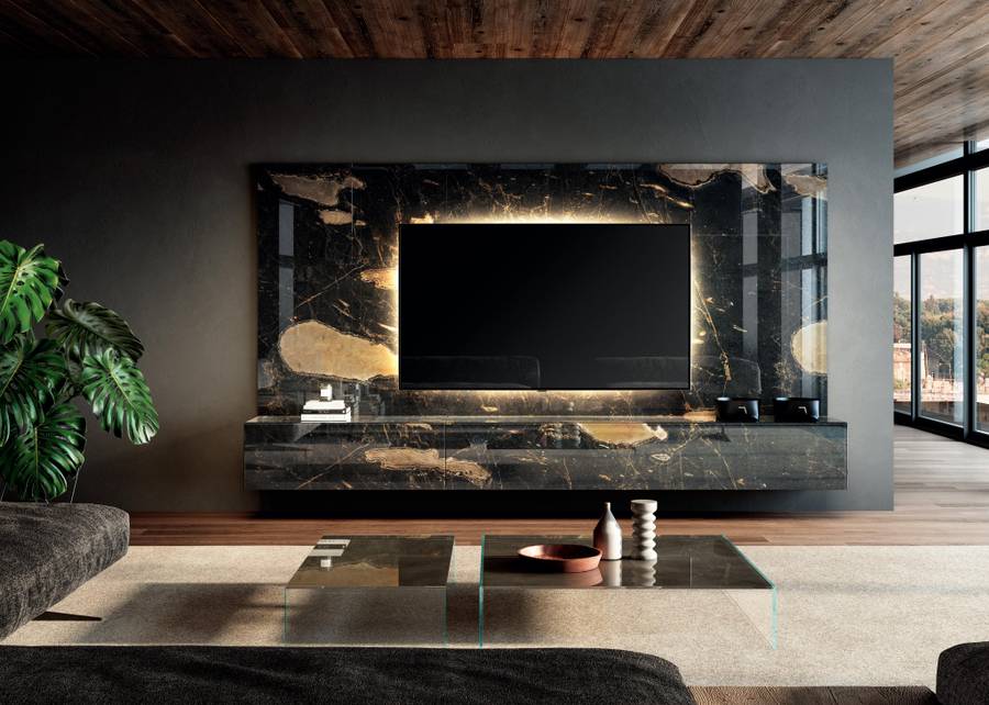 Parete attrezzata con boiserie e mobile tv materia Lago