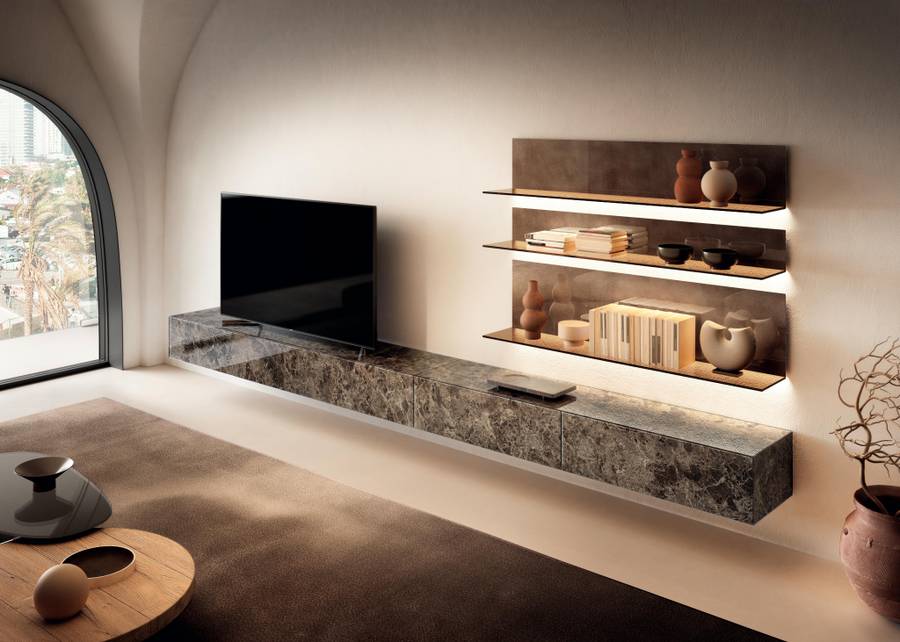 Parete attrezzata design con mensole in vetro materia Lago