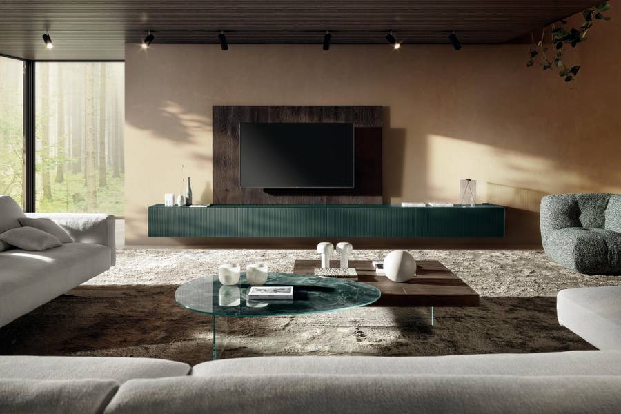 Parete attrezzata in vetro con boiserie in legno Materia Lago