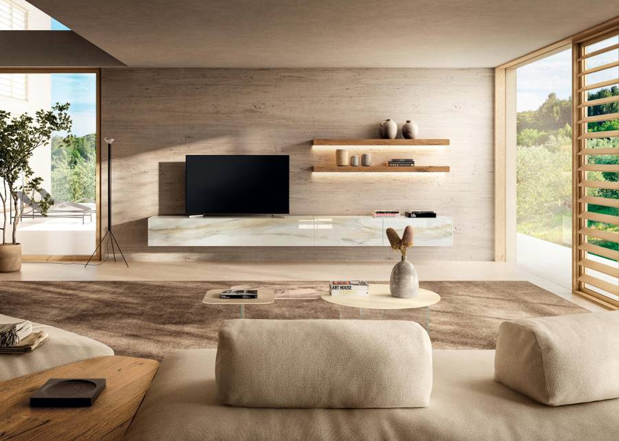 Parete attrezzata tv in marmo xglass chiaro Materia Lago